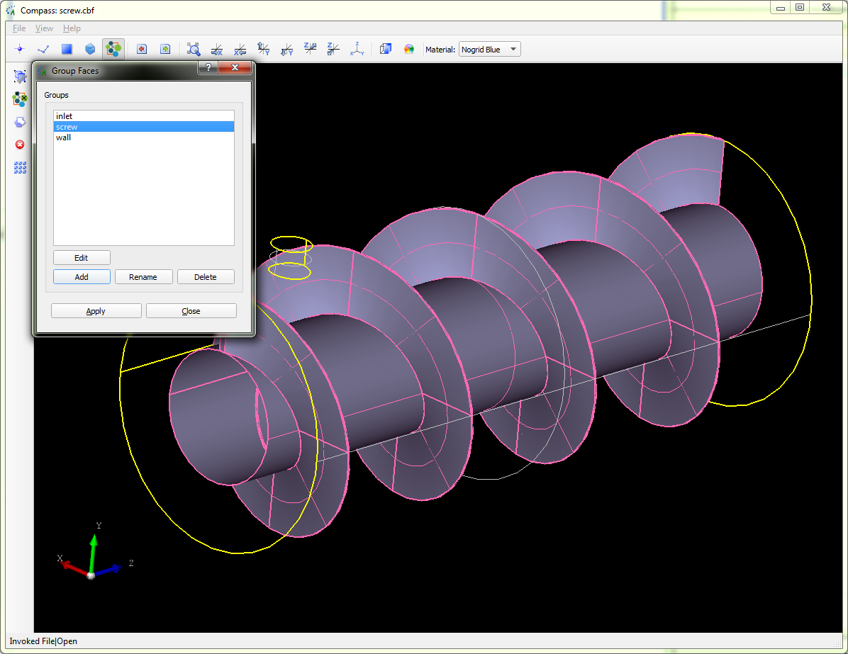 Single screw extruder CAD groups and surface mesh in NOGRID's COMPASS